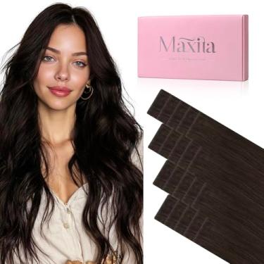 Imagem de MAXITA Extensões de cabelo humano Invisi Edge Tape, 40,6 cm, 50 g, 20 peças, fita injetada sem costura, marrom escuro, extensões de cabelo com pontas grossas e remeto natural invisível