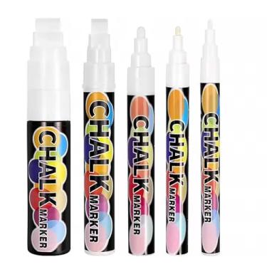 Imagem de Canetas marcadoras brancas de giz, pacote com 5 marcadores brancos de giz para carros, vidro lavável – Ideal para uso em casa, escola, escritório, apagável, livre de poeira, não tóxico, 5 tamanhos de