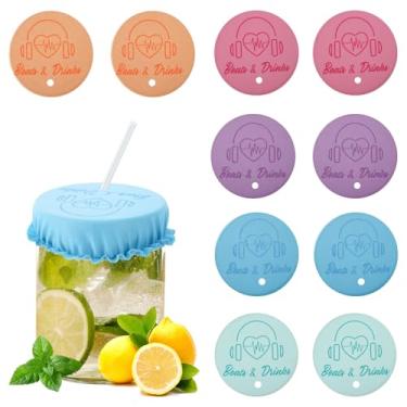Imagem de 10un. Capas Bebidas com Elástico, Capas Bebidas Reutilizáveis e Laváveis Furo para Canudo Tampa Copo com Proteção Contra Álcool para Mulheres em Festas em Bares