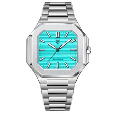 Imagem de Relógio octogonal Pagani Design com vidro de safira, caixa prateada, pulseira de couro azul marinho, 37 mm, movimento japonês TMI VH31, Aço turquesa, Luxuoso
