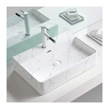 Imagem de Lavatório de vaso de banheiro, pia retangular de cerâmica, pia de banheiro com textura de mármore branco, 60 x 16 cm acima da pia da bancada, lavatório de cerâmica de mesa para lavatório acima de Cou