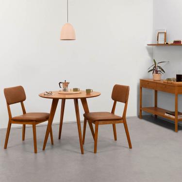 Imagem de Conjunto Mesa de Jantar Square Laminada Redonda Natural - 88cm + 2 Cadeiras Lalá Estofada PU - Cognac