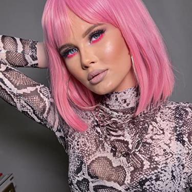 Imagem de Lady Miranda Peruca rosa com franja cabelo curto liso Bob peruca 30,5 cm rosa bob perucas para mulheres peruca sintética colorida cosplay festa diária bob peruca