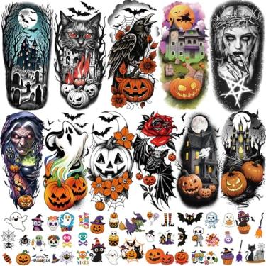 Imagem de 77 peças, tatuagens temporárias de Halloween, adultos, crianças, 17 peças, meio braço, abóbora, morcego, corvo, bruxa, caveira, tatuagens falsas, 60 peças, gato-aranha, cicatriz fantasma, minúsculas