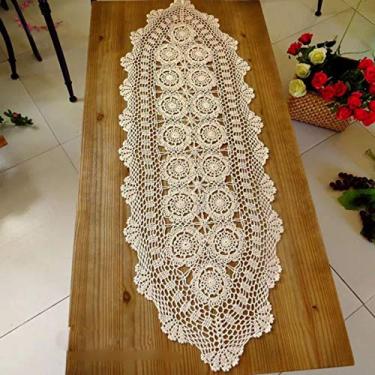 Imagem de Cachecóis Janef bege branco feito à mão de crochê de algodão para mesa de corredor, renda, doilies, oval, 40,64 x 68,58 a 124,14 cm., Bege, 16 by 35 Inch, 1
