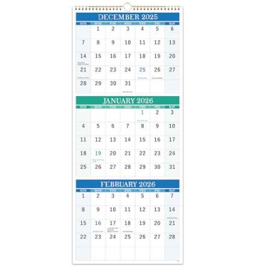 Imagem de Calendário de parede 2026 - calendário vertical de 3 meses, janeiro de 2026 a dezembro de 2026, calendário 2026 com blocos grandes, 28 x 66 cm (aberto)