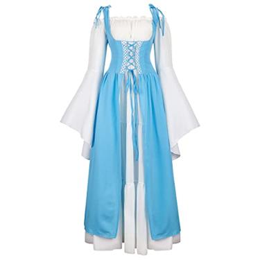 Imagem de Zhitunemi Fantasias Renascentista para Mulheres Vestido Gótico de Fada Chemise Vestido Camponês Fantasia Medieval, Azul claro, X-Small