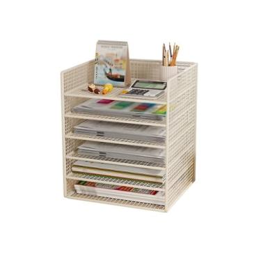 Imagem de Organizador de arquivos de mesa Bandeja de carta 6 camadas malha arame, armazenamento documentos, arquivo A4, organizador papel, mesa arrumada(Branco)