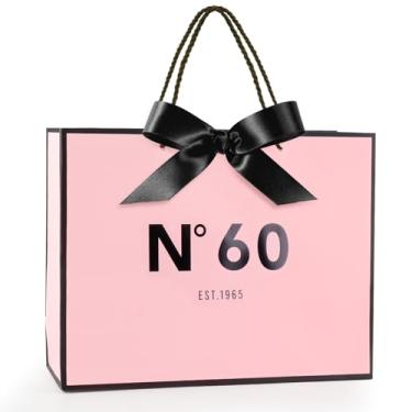 Imagem de Yiran Bolsa de presente de aniversário com alças e fita para embrulho de presente, bolsa grande rosa e preta, sacolas de presente de papel, decorações de festa de aniversário de 60 anos