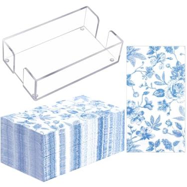 Imagem de Faccito 100 guardanapos florais azuis para convidados com caixa de lenços de acrílico, guardanapos de papel azul e branco de 3 camadas, para chá de panela de casamento, suprimentos de festa de