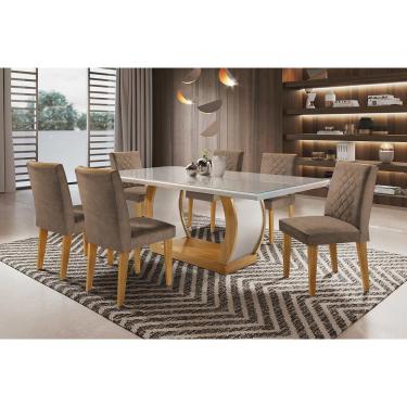Imagem de Sala de Jantar Completa Jade Tampo Madeirado c/ Vidro Canto Reto 180x90cm e 6 Cadeiras Jade Imbuia/Suede Capuccino - Rufato