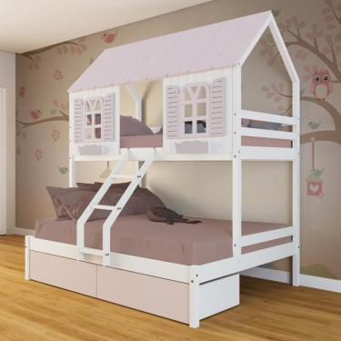 Imagem de Beliche Casal/ Solteiro Casinha Bela 02 Gavetas Rosa - Madeira Maciça Branco/Rosa | Megamobilia
