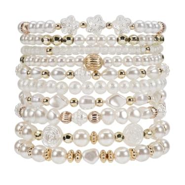 Imagem de Twinfree Conjunto de 10 pulseiras elásticas empilháveis de pérolas simuladas com contas ajustáveis multicamadas para mulheres, joias de casamento, One Size, Miçangas, Sem Pedra Preciosa