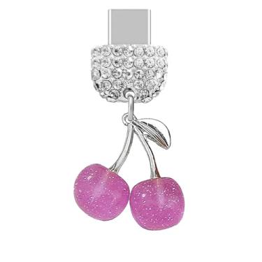 Imagem de ELISE & FONDA TP924 Tipo-C porta de carregamento cristal antipoeira plugue grande cereja 3D com pingente de celular glitter para iPhone 15/16/Samsung/OnePlus/Xiaomi/oppo telefones Android (Roxo)