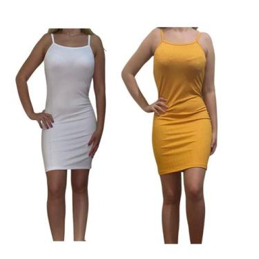 Imagem de KIT C/2 Vestidos Alcinha Canelado - Emporio J, Branco, Mostarda, Unico
