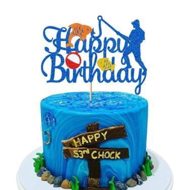 Imagem de Gloryhour Topo de Bolo de Pescador para Aniversário, Cobertura de Bolos de Glitter Azul Bobber, Tema de Aniversário de Pescaria, Festa de Bolos Decoração - Dupla Face (17,7 cm x 4,67 cm)