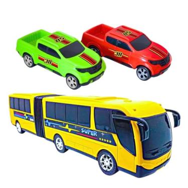 Imagem de Kit Brinquedo 1 Ônibus Sanfonado 2 Caminhonetes Pickup Carrinho Plástico Criança Presente Menino Completo