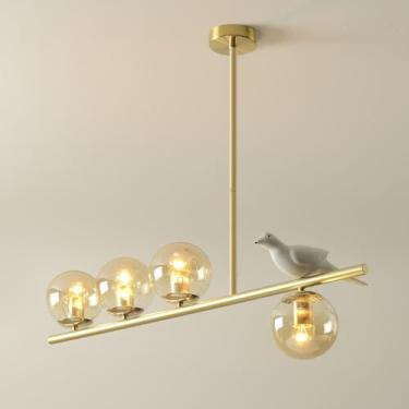 Imagem de Luminária pendente linear de cozinha sobre ilha, vidro âmbar, lustre linear moderno de meados do século, decoração de pássaros, luminária suspensa industrial dourada antiga para sala de jant