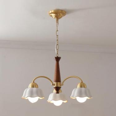 Imagem de Lustre moderno de 3 luzes de meados do século, vidro branco, luz pendente de madeira, dourado, Sputnik, floral, flor, lustre para meninas, quarto, sala de estar, sala de jantar, cozinha, hal