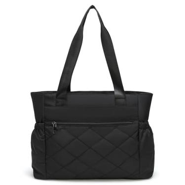 Imagem de Bolsa feminina, bolsa de mão com zíper, bolsa de ombro acolchoada leve com vários bolsos para viagens, trabalho, academia diária, Preto, Large
