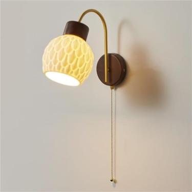 Imagem de Luminária de parede de cerâmica com interruptor de cordão, abajur de cabeceira interno, luminária de parede de nogueira, braço de cobre com pescoço de ganso, estilo fazenda, para sala de est