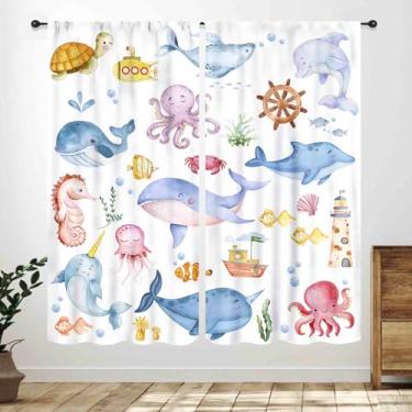 Imagem de Cortinas náuticas infantis, desenho animado fofo peixe oceano tubarão subaquático peixe tropical coral colorido animal janela tratamentos para meninas meninos quarto de bebê sala de estar berçário 2