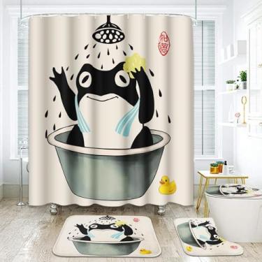 Imagem de ArtSocket Conjunto de banheiro engraçado sapo com cortina de chuveiro, tapetes e acessórios, estilo asiático, arte tradicional japonesa, pato fofo, animal, retrô, bege, cortina de chuveiro para