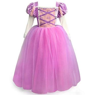 Imagem de MDYCW Vestido de princesa Rapunzel fantasia de manga bufante, vestidos para ocasiões especiais para meninas de 6 a 7 anos, vestido de festa de aniversário ultra macio, azul
