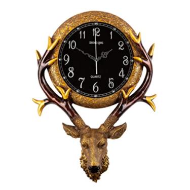 Imagem de WYUYIWH Relógio de parede criativo com design de cabeça de veado retrô para sala de estar, estilo europeu, luz de entrada, luxo, nórdico, silencioso, relógio de parede pendurado na parede (ouro B)