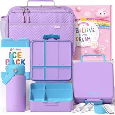 Imagem de Fimibuke Lancheira infantil Bento com 4 compartimentos, lancheira isolada, garrafa de água isolada de aço inoxidável, conjunto de gelo e utensílios, presentes de aniversário para crianças de 3 a 12