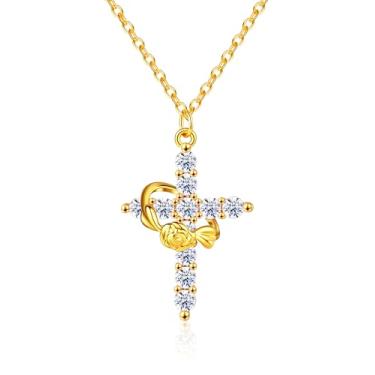 Imagem de ACECHA Colar de cruz de ouro para mulheres, pingente de cruz CZ banhado a ouro, colares delicados de crucifixo de fé, presente de joia para mãe, esposa, mulheres, Natal, aniversário, common, Latão