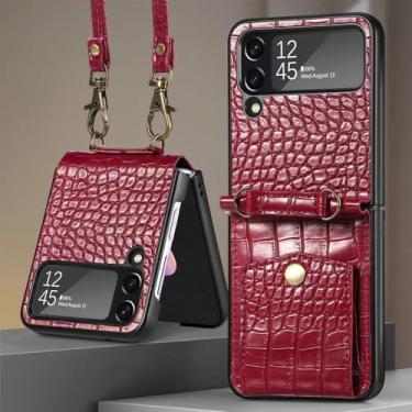 Imagem de Cartões Solt Capa de couro crossbody com cordão para Samsung Galaxy Z Flip 5 4 5G Flip4 Flip5 Capa carteira com suporte padrão, vermelha, para Galaxy Z Flip 4