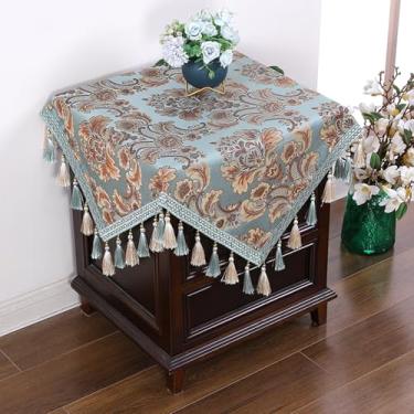 Imagem de Toalha de mesa de cabeceira quadrada pequena bordada floral capa de mesa superior rústica de fazenda lateral com borlas capa de mesa de canto resistente para quarto, cômoda, festa, decoração de casa