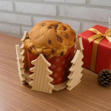 Imagem de Porta Panetone de Madeira Pinus com Árvores Natalinas Decoração Artesa