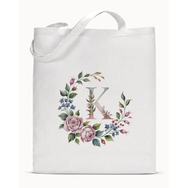 Imagem de Sacola de lona inicial K para mulheres meninas personalizada floral letra K estética reutilizável mercearia bolsa de ombro exclusivo monograma presentes para ela