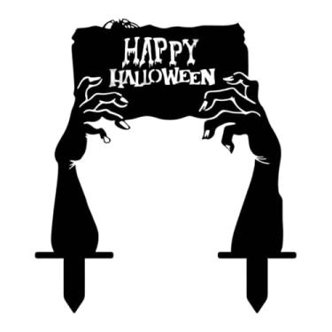Imagem de Fenteer Decorações de estaca de jardim de Halloween, lembrancinhas de festa, enfeites fáceis de instalar, placa de jardim de Halloween para gramado fora do