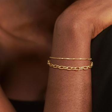 Imagem de Pulseira de ouro feminina delicada banhada a ouro 14K com corrente tubular boho, joia de verão, presente