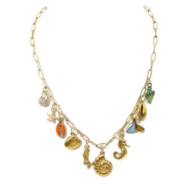 Imagem de JNF Colar com pingente de ouro para mulheres, colar de corrente com clipe de papel, sol, lua, estrela, moeda, coração, flor, bota, boho, laço, berloques, colares, Zinco, Pérola sintética