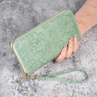 Imagem de Carteira feminina longa clutch com zíper esculpido multifuncional bolsa de moedas - verde, Verde, Moda
