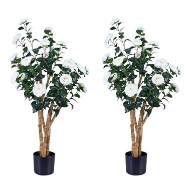 Imagem de Camélia de árvores artificiais realistas com troncos de madeira natural, rosa sintética de seda perene com flores de seda, decoração interna para sala de estar, varanda, escritório (branco, 1,2 m x 2)