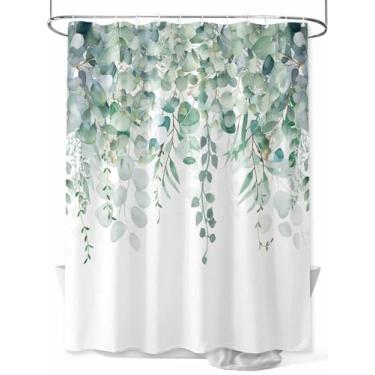 Imagem de Cortina de chuveiro com folhas de eucalipto verde sálvia, primavera country, impermeável, lavável, conjunto de cortinas de banheiro para decoração de banheiro, 91 x 182 cm de comprimento, branca
