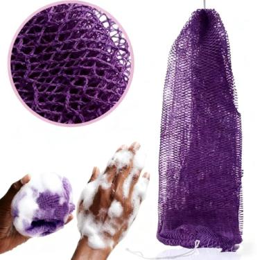 Imagem de Esponja de rede africana, 2 peças de esponjas de banho esfoliantes corporais, acessórios de banho de chuveiro para mulheres, roxo profundo + roxo claro