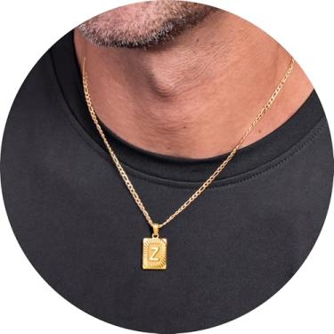 Imagem de Colar masculino com inicial, pingente de letra retangular de A a Z, corrente de aço inoxidável banhada a ouro, joia de monograma personalizada, 20in, Aço inoxidável, Sem Pedra Preciosa