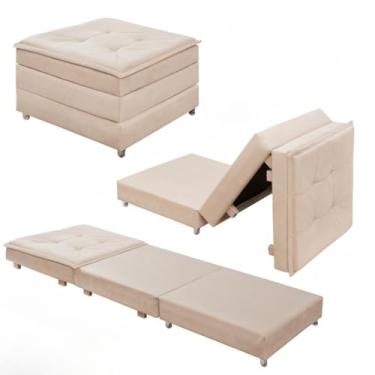 Imagem de Puff Baú Quadrado MDF Com Rodinhas Vira Cama Colchão Solteiro Confortável e Moderno (Bege)