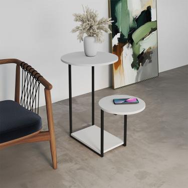 Imagem de Mesa De Apoio Lateral Ferro Preto Tampo Redondo Branca