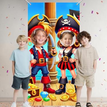 Imagem de HOMETITUTE Banner de porta de foto pirata pano de fundo de navio pirata moedas de ouro baú do tesouro crânio ossos cruzados aventura crianças decoração de festa de aniversário foto fundo tema