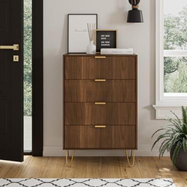 Imagem de Masupu Cômoda de 4 gavetas, baú de gaveta, cômoda de armazenamento alta com pernas de metal dourado, mesa de cabeceira para quarto, sala de estar, armário, corredor listrado de nogueira