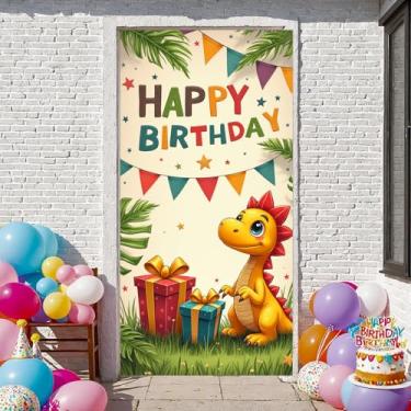 Imagem de Capa de porta de feliz aniversário de dinossauro, decorações coloridas de dinossauro, capa de fundo de festa de aniversário, placa de varanda pendurada para mulheres, crianças, meninas, meninos