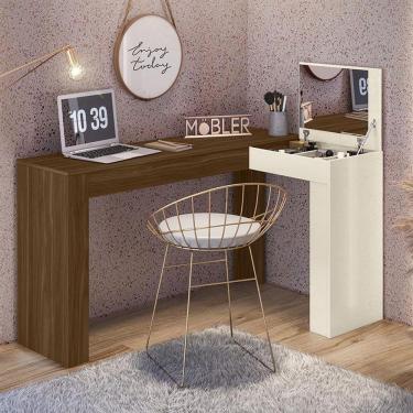 Imagem de Escrivaninha De Canto Com Penteadeira Jade Com Nicho Espelho Porta Basculante ? Design Moderno - Freijo - Off White