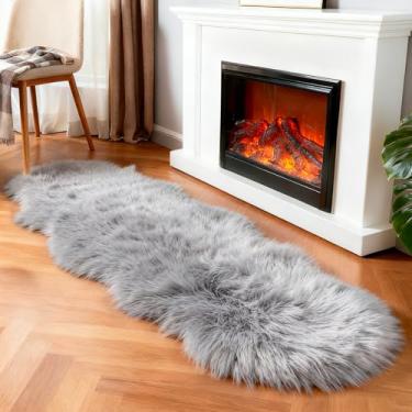 Imagem de linmopm Tapete de pele sintética de pele de carneiro felpudo fofo cinza 6 x 1,8 m para quarto, cabeceira, cama, chão, sala de estar, tapete de pelúcia de alta densidade, super capa de sofá